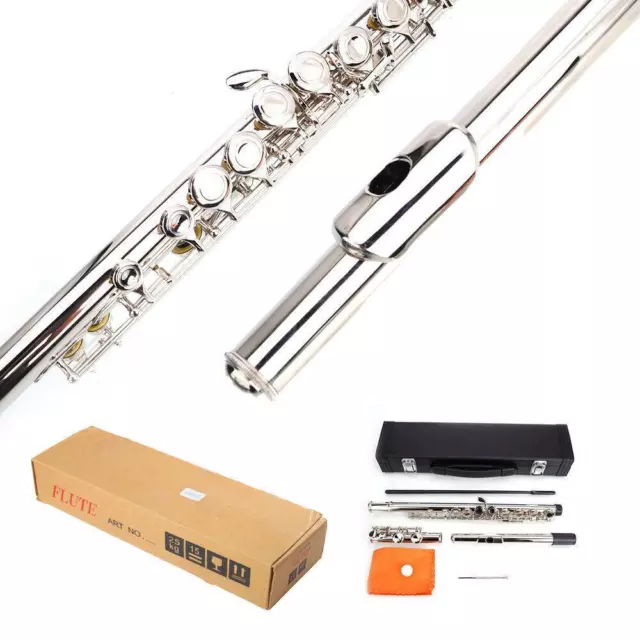 New Nickel-plated Body & Keys School Student Band 16 Hole C Flute Silver w/ Case