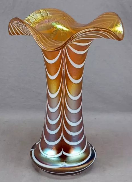 German Poschinger White Pulled Feather & Orange Gold Iridescent Art Glass Vase