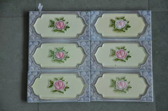 6Pc Vintage Majolica Decorative Rose Art Nouveau Architecture Tiles,Japan