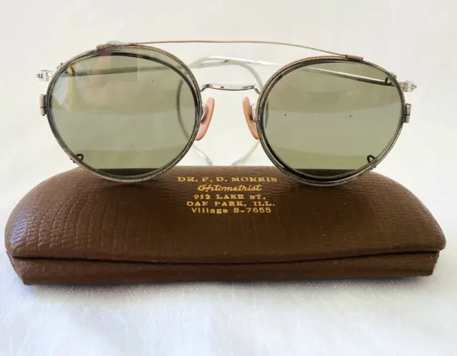 VINTAGE Silver Tone AO FULVUE Frames Eyeglasses w/  Green CLIP ONS with Case
