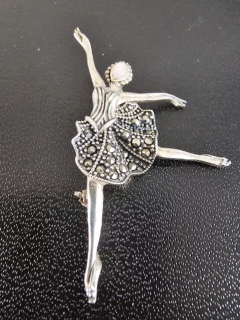 Vintage Sterling Silver Marcasite Ballerina Brooch with Mother of Pearl Face