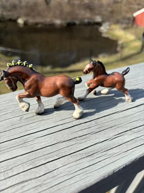 2 Vintage Hagen-Renaker Miniature  Horse & Baby Green Ribbon Clydesdale Figurine