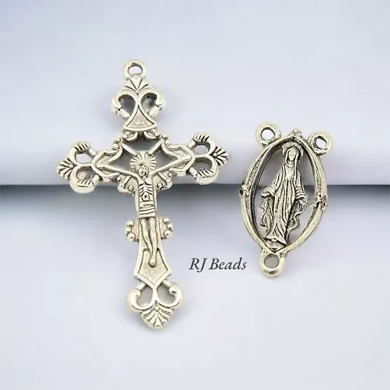 10 Sets! Antique Silver Rosary Cross Center Alloy Crucifix Rosary Links Pendant