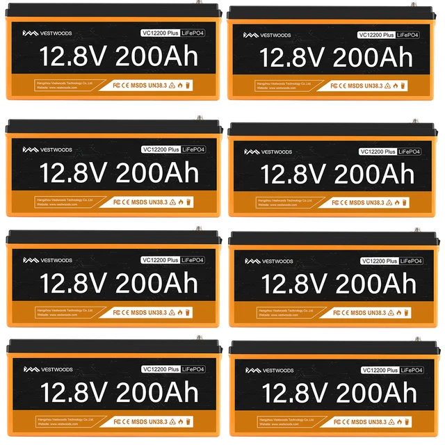 8PCS 12V 200AH LiFePO4 Lithium Battery Bluetooth for RV Marine Off-Grid Solar