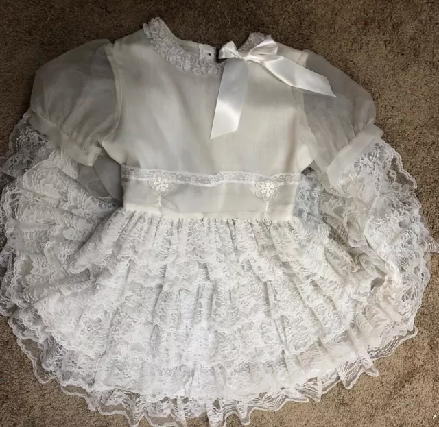 Martha Miniatures Tiered Lace Ruffles Girls 8 Off White Gray  Pageant Dress VTG