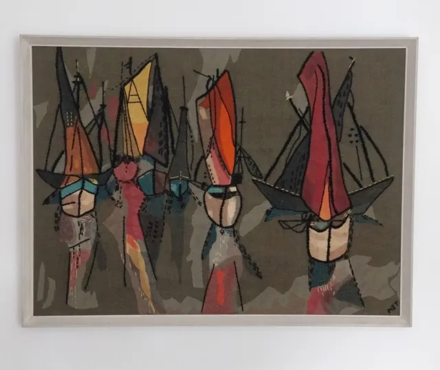 Fabulous Mid Century Modern Tapestry Textile of Stylised Yachts