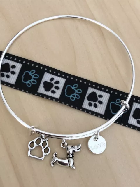 Cutest Dachshund Dog With Dog Collar ~ Love ~ Paw Charm Bangle Bracelet