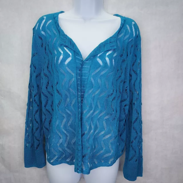 Nic + Zoe Cardigan Women XL Turquoise Long Sleeve Zig Zag Sheer Topper Linen NEW