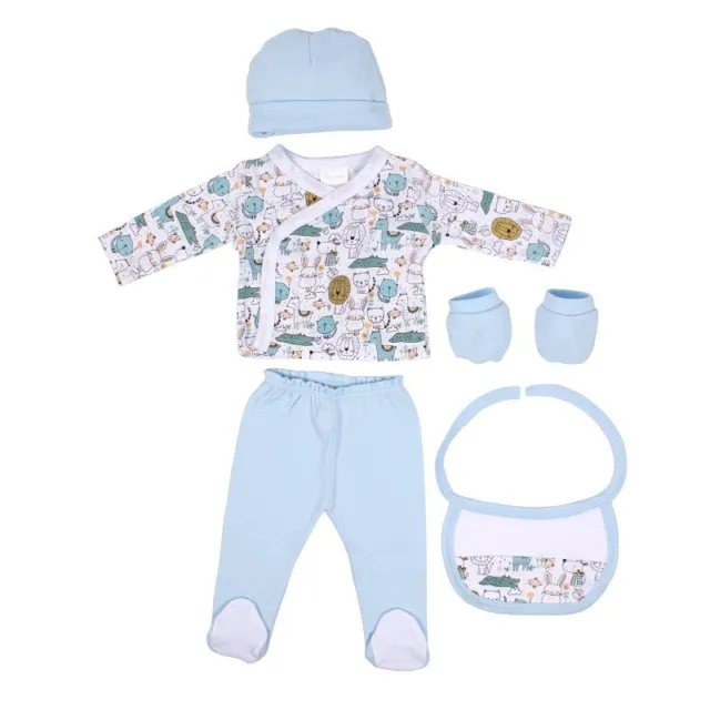 Set regalo 5 piezas bebé primera puesta algodón Animalitos Azul celeste