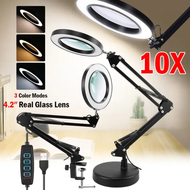 10X Magnifying Glass with Light + Stand Desktop Magnifying Lamp, 3 Color Dimming