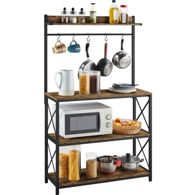 4-Tier microwaves Bakers Rack  Kitchen Storage Shelf with S-Hooks, Rustic Brown