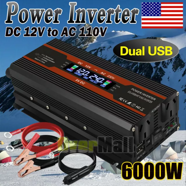 6000W Pure Sine Wave Inverter DC 12V 24V To AC 110V Transformer Power Converter