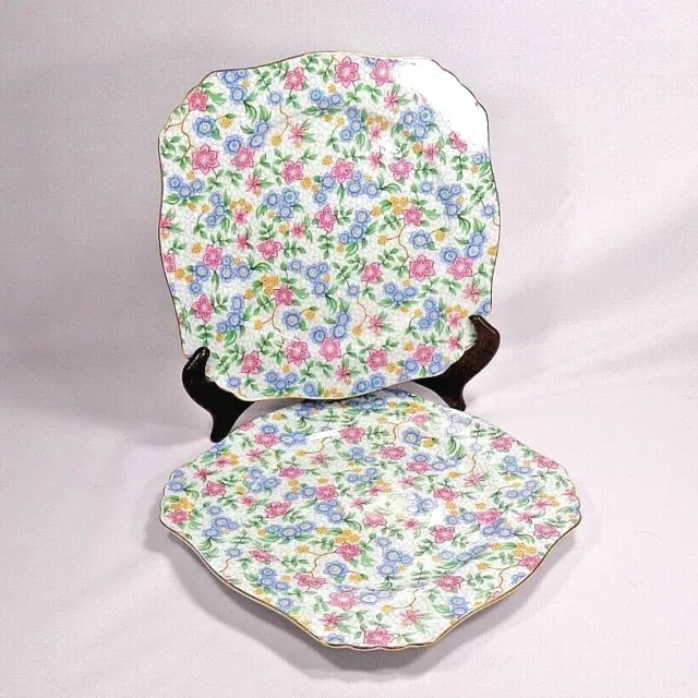2 VTG "Alexandra" Two's Company Garden Party chintz square salad plates, cottage