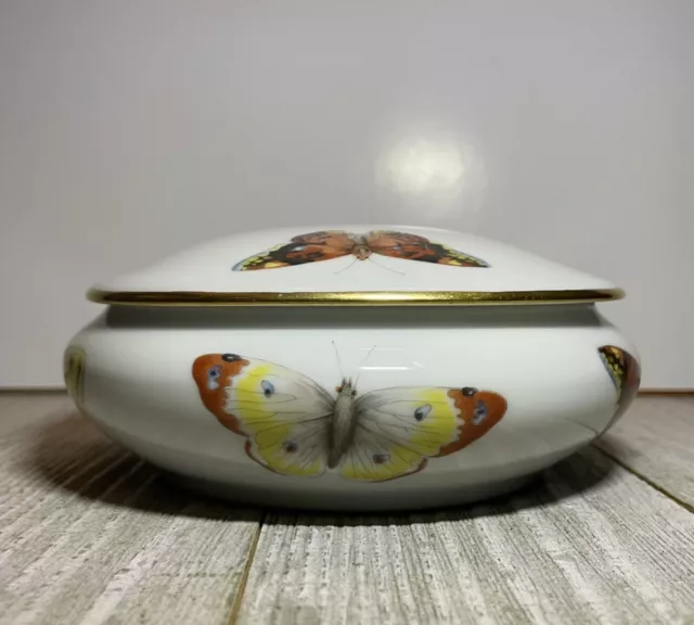 Rare Limoges Butterfly VTG Castel France Gold Trim Round Trinket Box