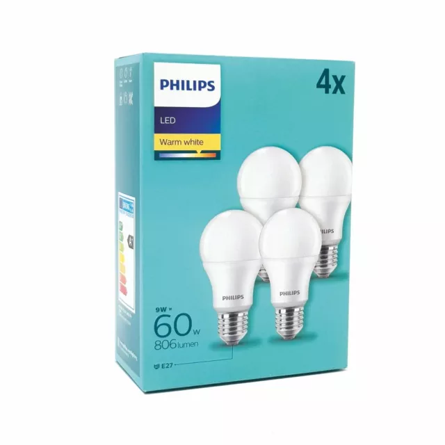 Philips LED E27 Edison Screw 8W Frosted Light Bulb  Non-Dim Warm White - 4pack