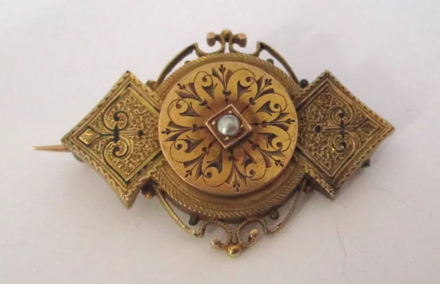 Vintage Victorian Seed Pearl Engraved Brooch