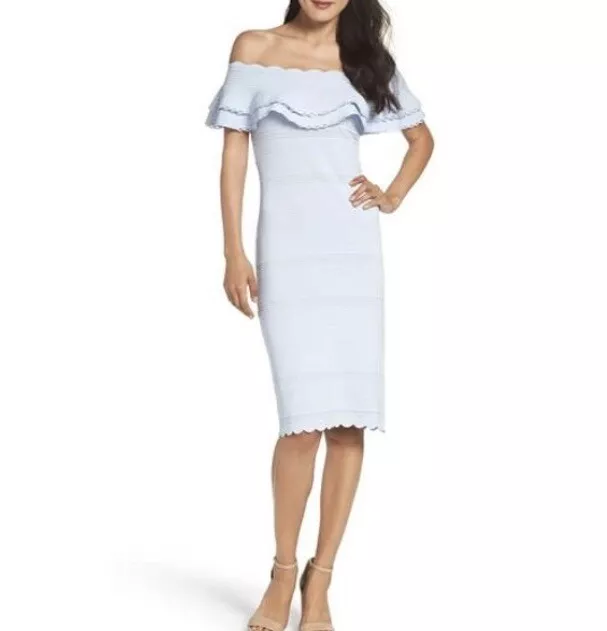 ELIZA J Women’s XL Baby Blue Off The Shoulder Sheath Dress Ruffle Neckline