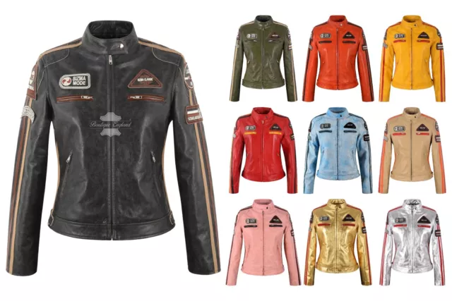 SIZMA Damen Lederjacke Classic Retro Motorrad Rennsport Stil Vintage Jacke