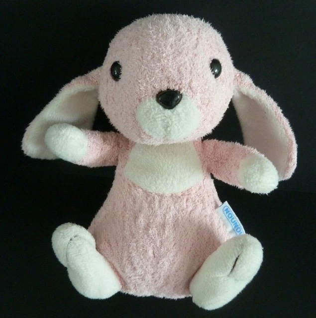 J6. DOUDOU PELUCHE LAPIN NOUNOURS BLANC ROSE 18CM grelot yeux nez noir - TBE