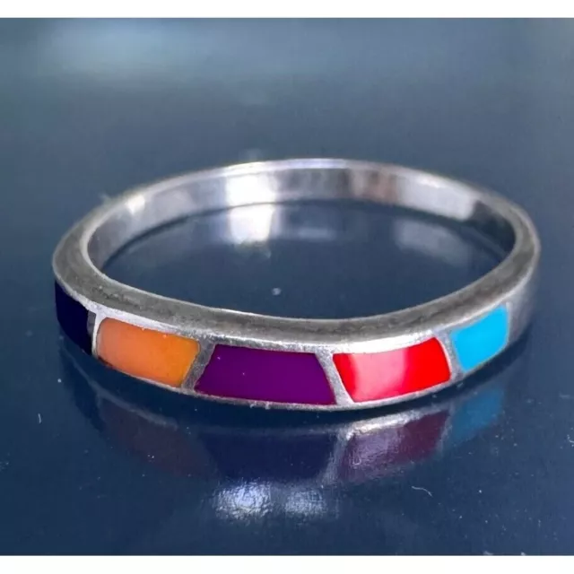 925 Sterling Silver Multi Gemstone Inlay Band Ring Size 7 Sky