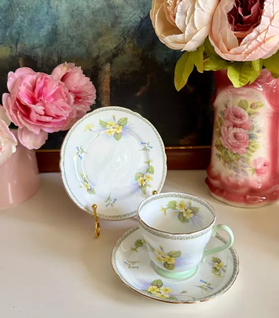 Gorgeous Art Deco c1930s Shelley Bone China Primrose Floral Teacup Trio #13524