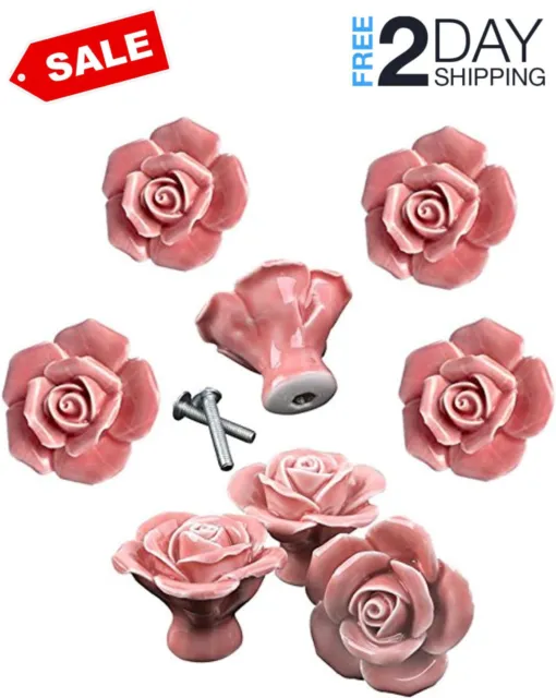 Knobs, 8Pcs Elegant Pink Rose Pulls Flower Ceramic Cabinet Knobs Cupboard Drawer