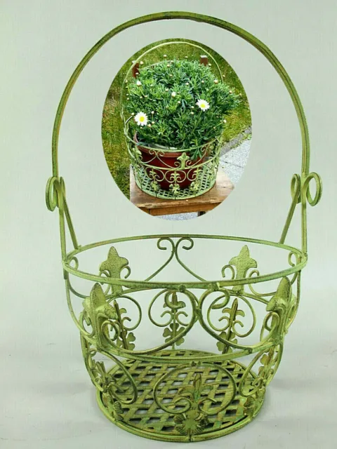 Blumenkorb aus Schmiedeeisen antik-grün Pflanzkorb Eisenkorb rund (gk)