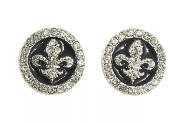 Fleur De Lis Button Earrings - Crystal Fleur De Lis Black Button Earrings