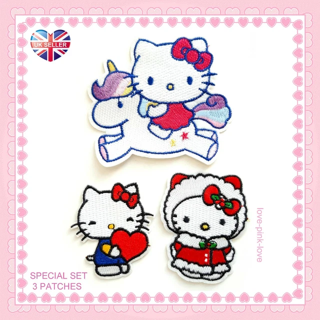 SPEZIALES SET MIT 3 HELLO KITTY Sanrio bestickte Applikation Bügeln Aufnähen Patch 🙂 UK
