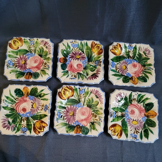 Vintage Nova Rose Desert Plates Square Italy Mid Century SET 6 Hand Painted