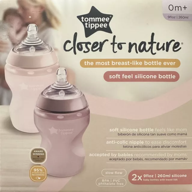 Tommee Tippee Closer To Nature Soft Feel Silicone Baby Bottle (9oz, 2 Count,pink