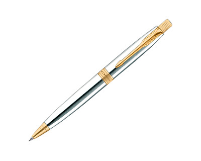 Parker Aster Shiny Chrome Ball Point Pen Gold Trim GT Blue Ink Gift Box Jotter