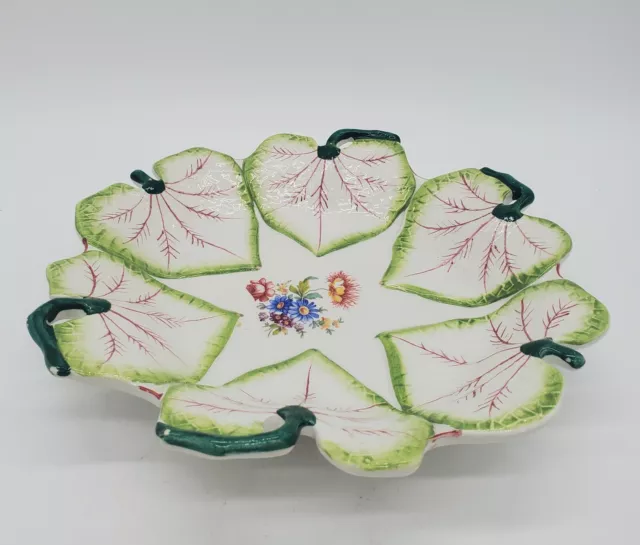 Jeanne Reeds Italian Majolica Ceramic Leaf Form Plate Dish Tray w Flowers