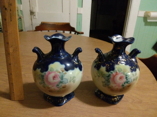 Antique or vintage a Beautiful pair of Handpainted Nippon pink roses ,Blue vases