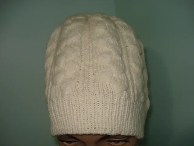 Hand Cable knit hat  100%   Merino Wool  white/cream color