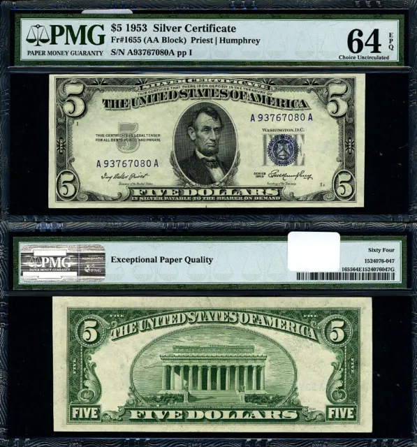 FR. 1655 $5 1953 Silver Certificate A-A Block Choice PMG CU64 EPQ