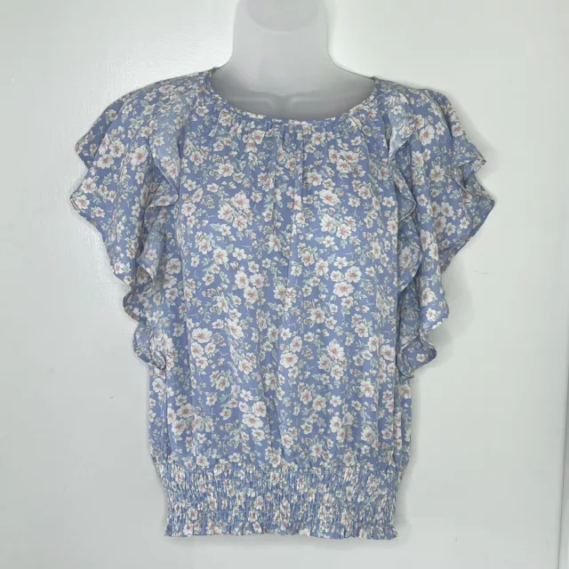 Monteau Sz M Womens Blue Floral Print Smocked Flutter Sleeve Shirt Blouse Spring