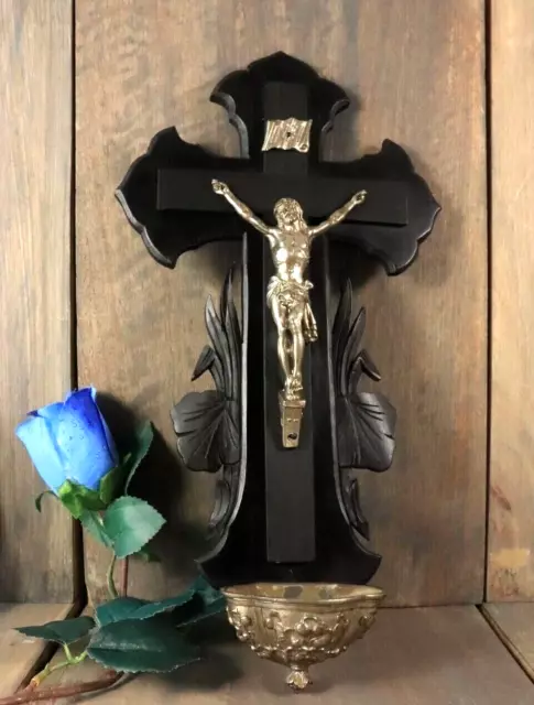 Antique French Holy Water Font Crucifix Black Forest Carved Ebony Wood c1900