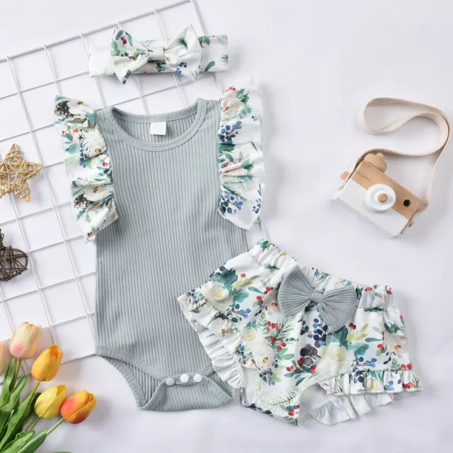 Newborn Baby Girl 3PCS Outfits Romper Tops Shorts Headband Set Infant Clothes