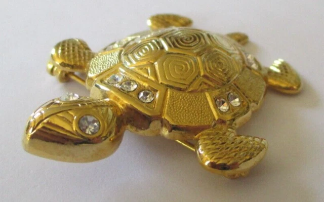 Broche Tortue En Métal Argenté Avec Verre Vert Et Strass - Bijou Fantaisie Vintage, Référence #B# H8