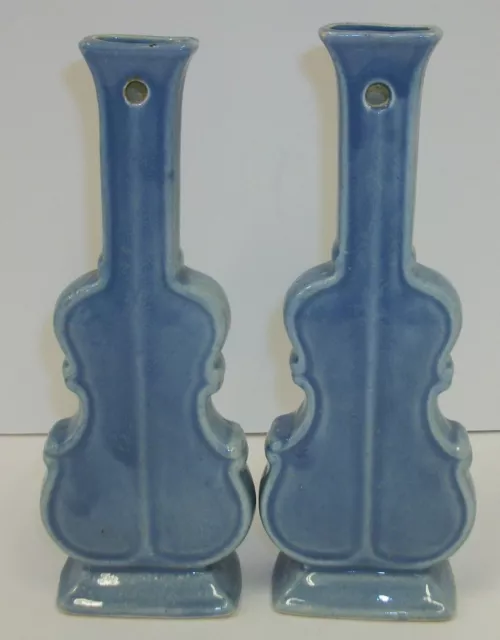 Pair of Vintage Blue Pottery Cello Violin Instrument Wall Pocket Vases 2