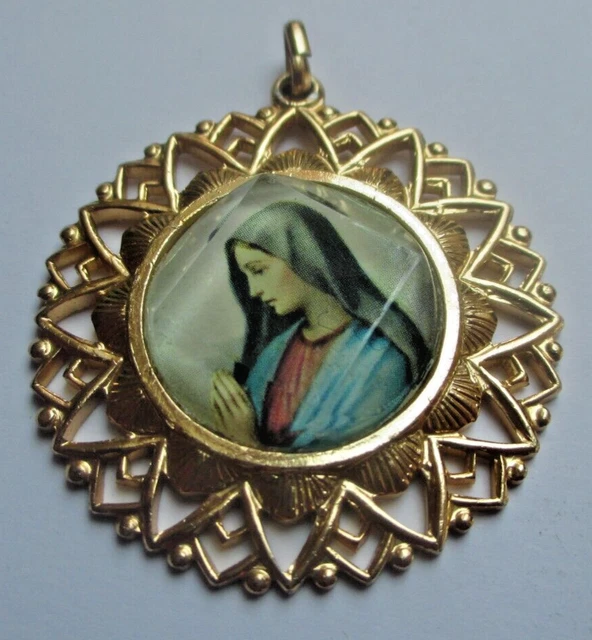 Grand Pendentif Médaille Vierge Marie Couleur Or – Bijou Religieux Vintage – État Parfait