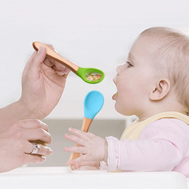 2pcs Baby Silicone Spoon+Fork with Wooden Handle Plate Set Feeding W7G5