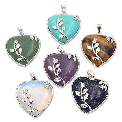 Natural Gemstone Heart Silver Flower Reiki Chakra Pendant Charm Beads