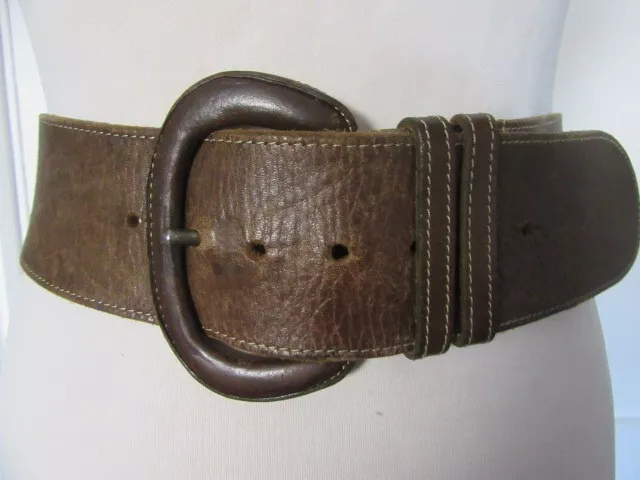 Vintage 90'S Wide English Brown Saddle Hide Belt  Worn Effect Next U.k. 10 - 12