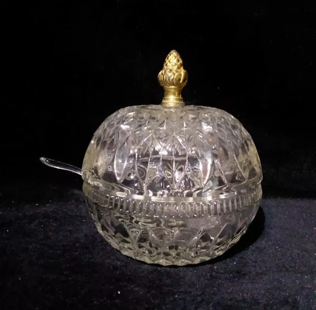 Heavy Pressed Clear Glass Candy/Nut Dish w/ Spoon w/ Lid Brass Pineapple Topper