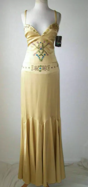 NICOLE MILLER Gold Silk Crystal Embellished Open Back Corset Dress Gown  2 or 6