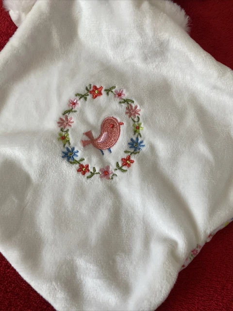 🇫🇷Doudou Lapin Blanc Mouchoir Brodé Oiseau Rose Fleur Liberty POMMETTE NEUF 3