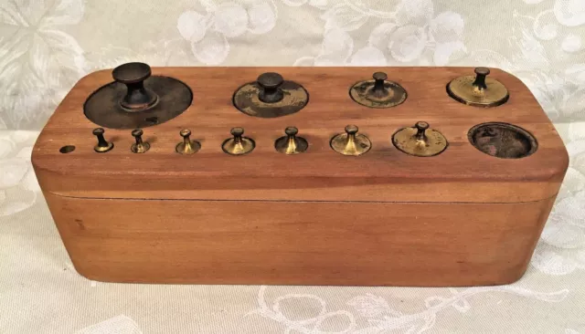 Vintage 11 Brass Scale Weights with Wood Base