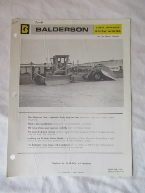 Balderson snow wing specification sheet brochure for CAT motor grader